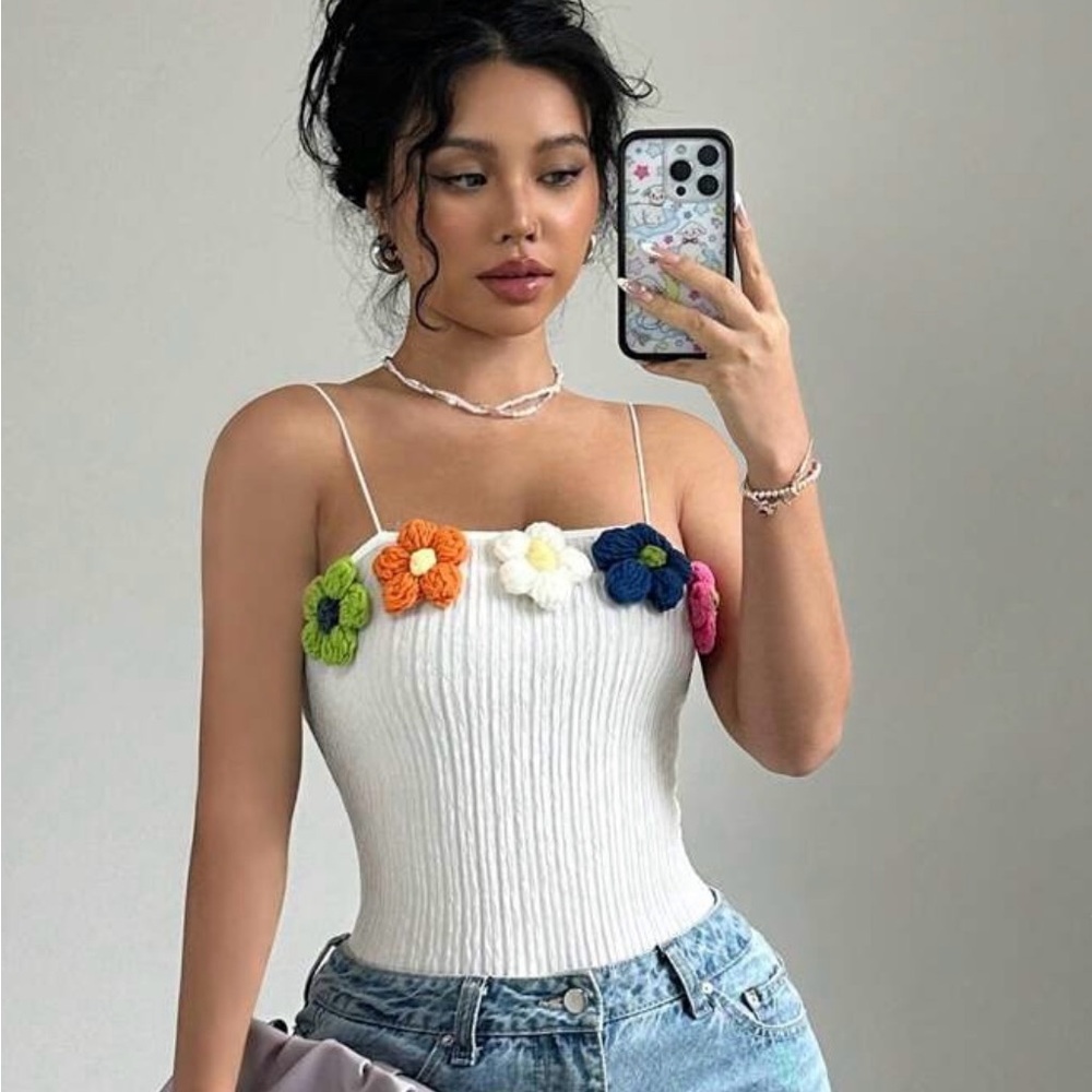Size medium SHEIN White bodysuit with multicolored 3D flowers across top